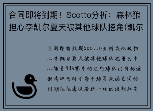 合同即将到期！Scotto分析：森林狼担心李凯尔夏天被其他球队挖角(凯尔特人胜森林狼)