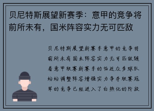 贝尼特斯展望新赛季：意甲的竞争将前所未有，国米阵容实力无可匹敌