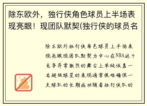 除东欧外，独行侠角色球员上半场表现亮眼！现团队默契(独行侠的球员名单)