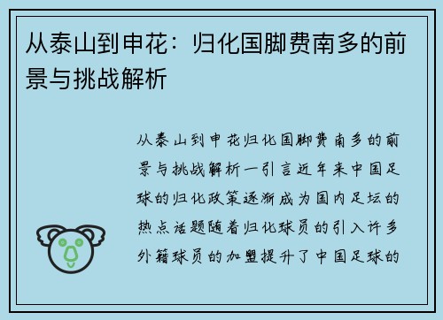 从泰山到申花：归化国脚费南多的前景与挑战解析