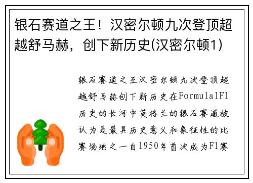 银石赛道之王！汉密尔顿九次登顶超越舒马赫，创下新历史(汉密尔顿1)