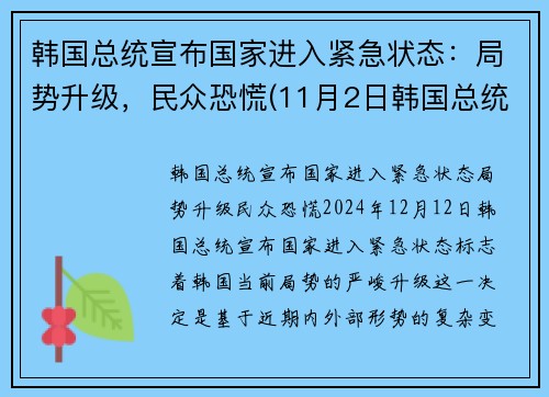 韩国总统宣布国家进入紧急状态：局势升级，民众恐慌(11月2日韩国总统入狱)