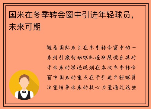 国米在冬季转会窗中引进年轻球员，未来可期