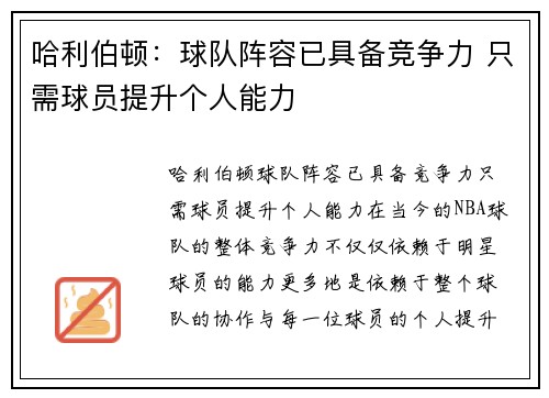 哈利伯顿：球队阵容已具备竞争力 只需球员提升个人能力